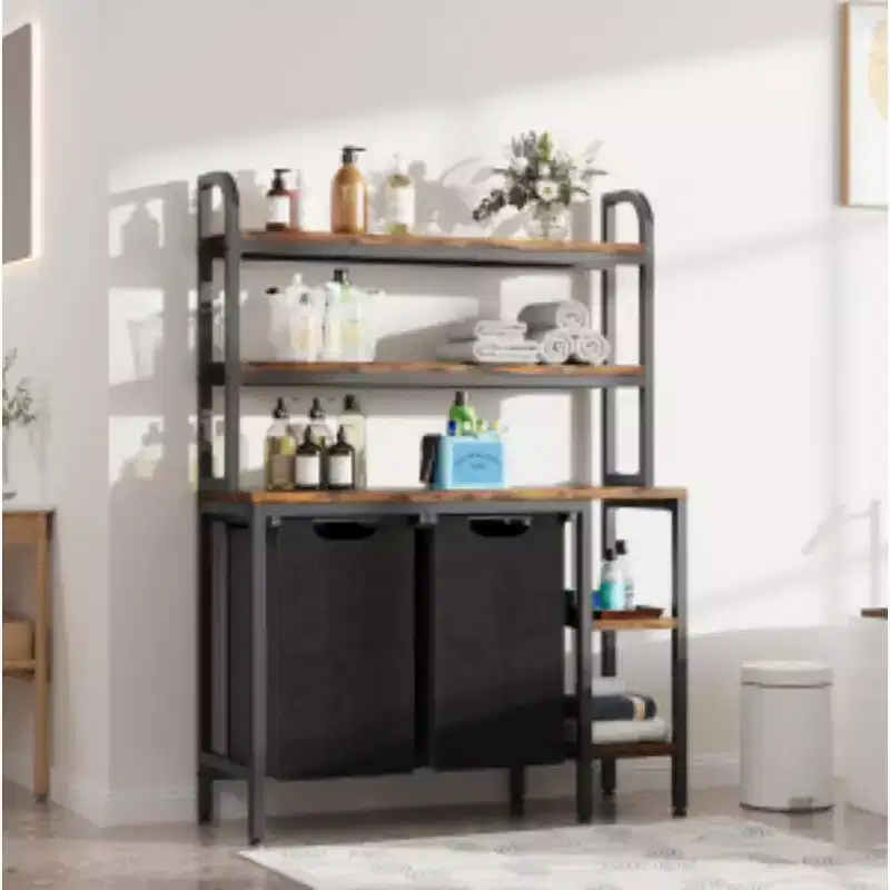 3-Tier Wood & Metal Laundry Basket Rack