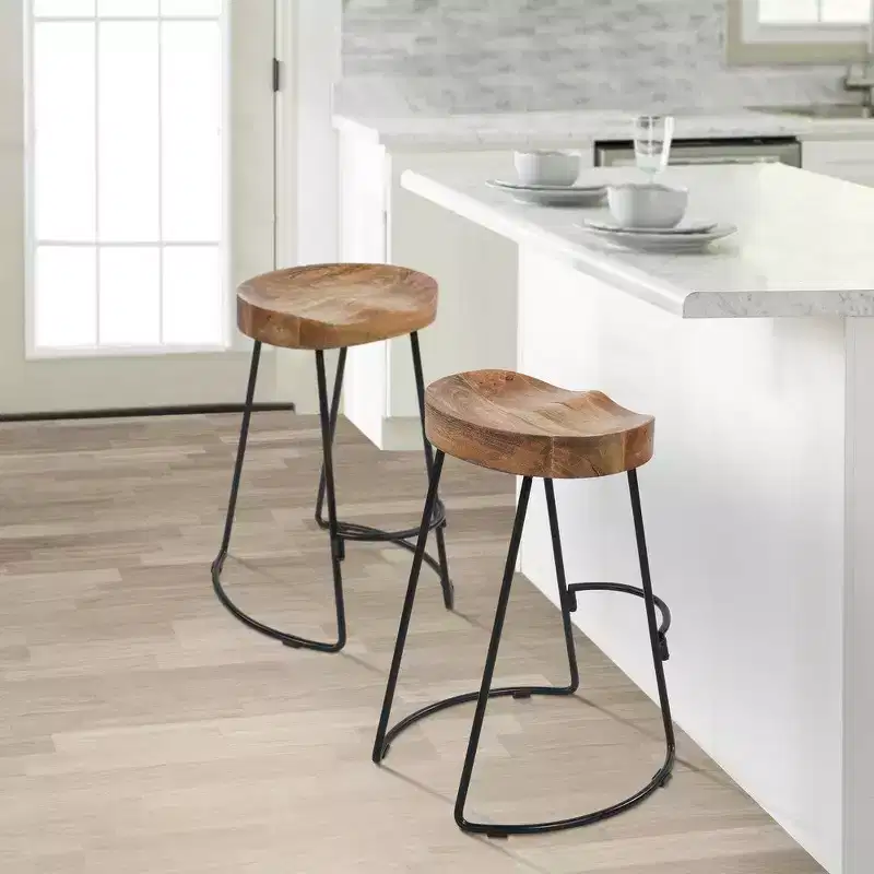Royal Hampton Mango Wood Industrial Saddle Seat Iron Counter Height Stool, 24 Inch, Set of 2