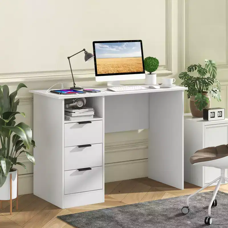 Costway 42.5 Computer Desk with Built-in Charge Station 3 Drawers & Open Shelf