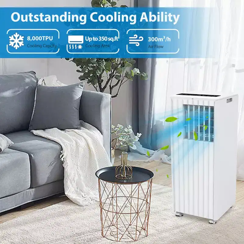 White 8,000 BTU 3-in-1 Floor Standing Portable Air Conditioner  Cools 350 Sq.Ft. with Dehumidifier, Fan & Remote Control