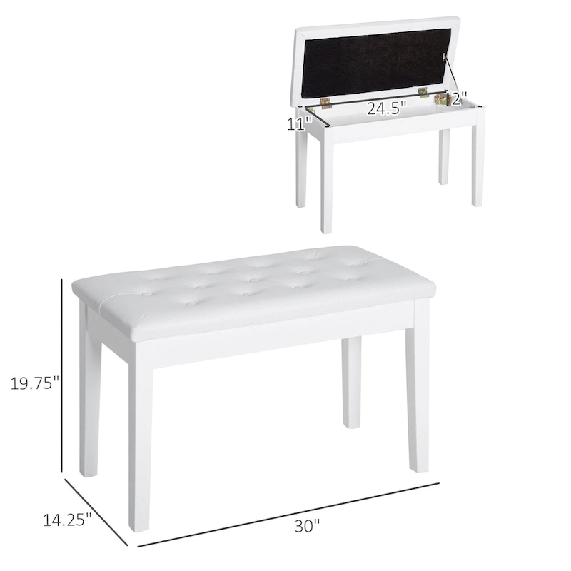 HOMCOM Traditional Country Birchwood Faux Leather Padded 2 Person Piano Bench - White