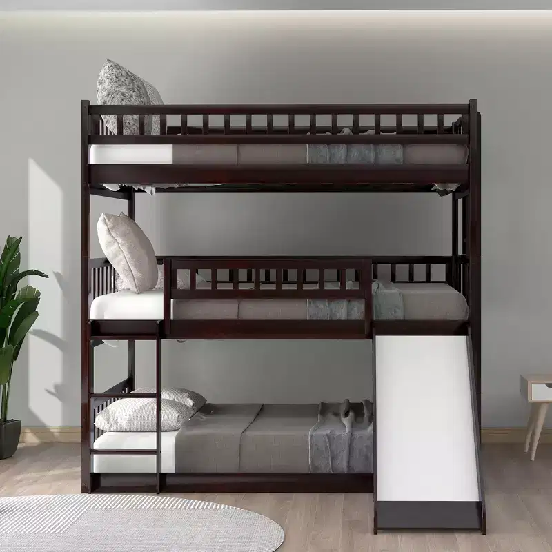 Whisen Full-Over-Full-Over-Full Wood Triple Bunk Bed with Built-in Ladder and Slide, Guardrails