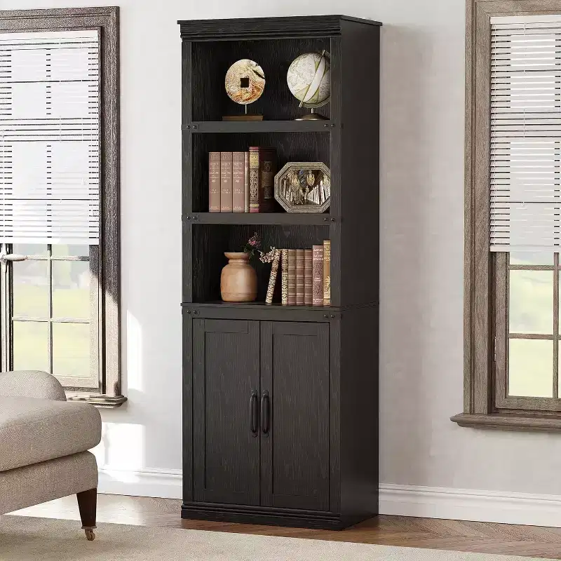 Farmhouse Bookcases with Doors, 5 Tier Bookshelf with Storage, Wooden Storage Cabinet