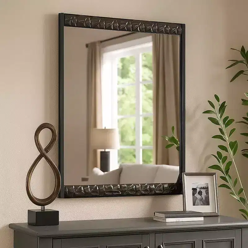 36x40 in Dresser Mirror, Rectangular, Chrome Geo Molding, Ash Gray, Solid Rubberwood Frame