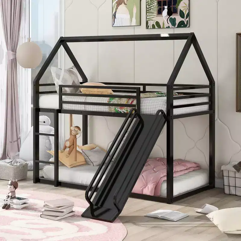 Twin over Twin Metal House Bunk Bed with Convertible Slide and Ladder