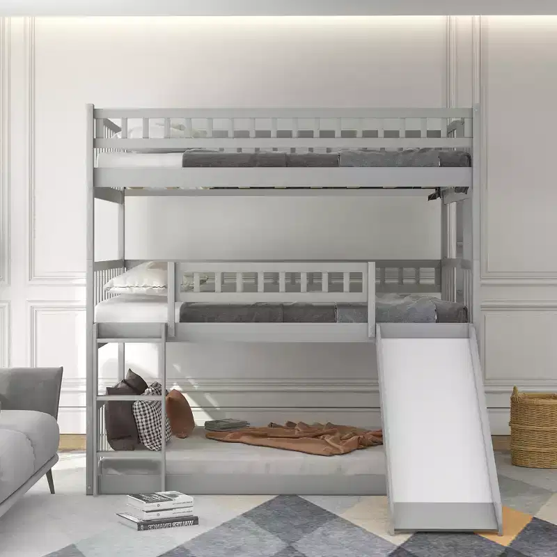 Full Over Full Triple Bunk Bed with Convertible Ladder and Slide, Triple Bed with Guardrails, White/Gray/Espresso - ModernLuxe