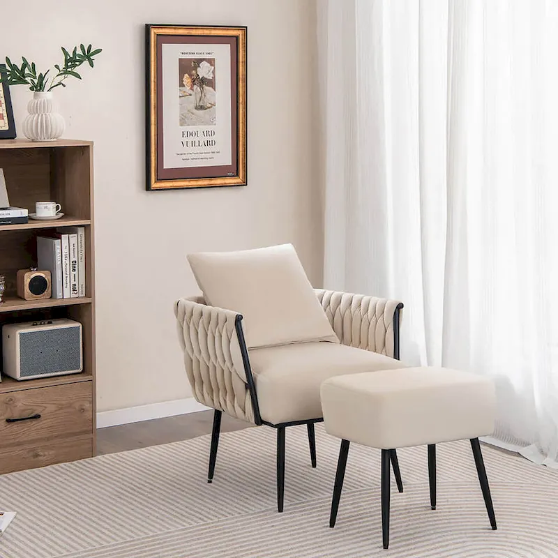 Gymax Modern Dutch Velvet Accent Chair & Ottoman Set Single Leisure