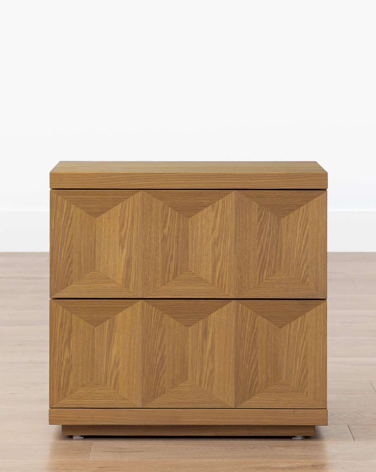 Artisan White Oak Nightstand with Geometric Motifs & Spacious Storage for Bedroom