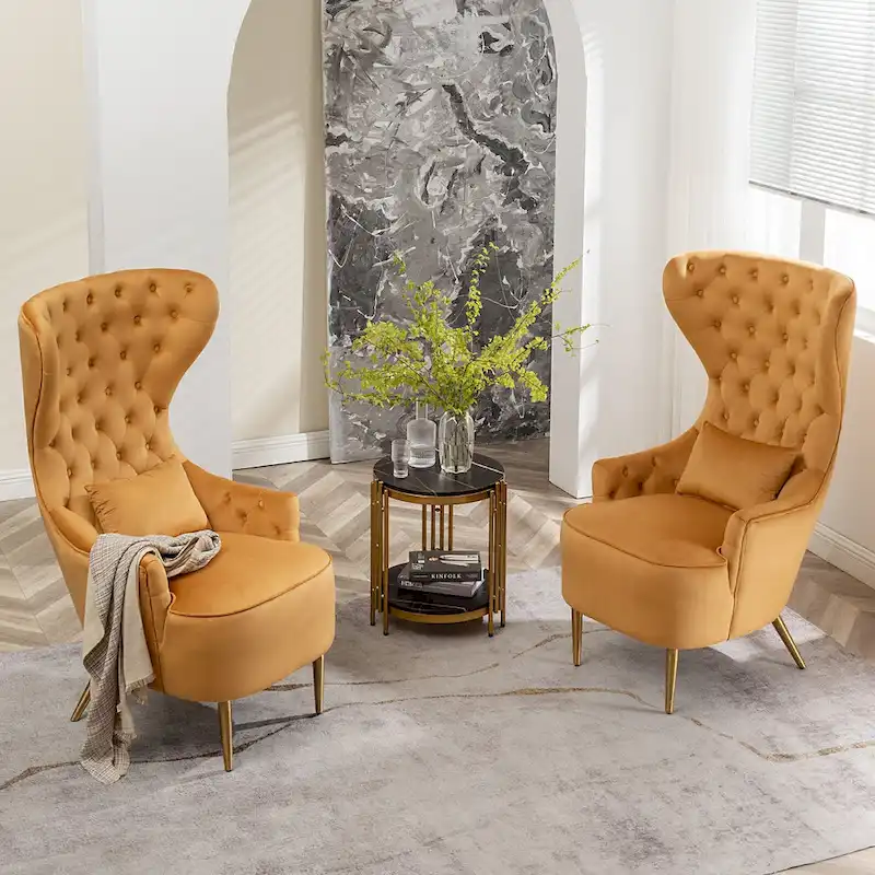KINWELL Tufted High Wingback Accent Chairs Velvet Armchairs, Set of 2