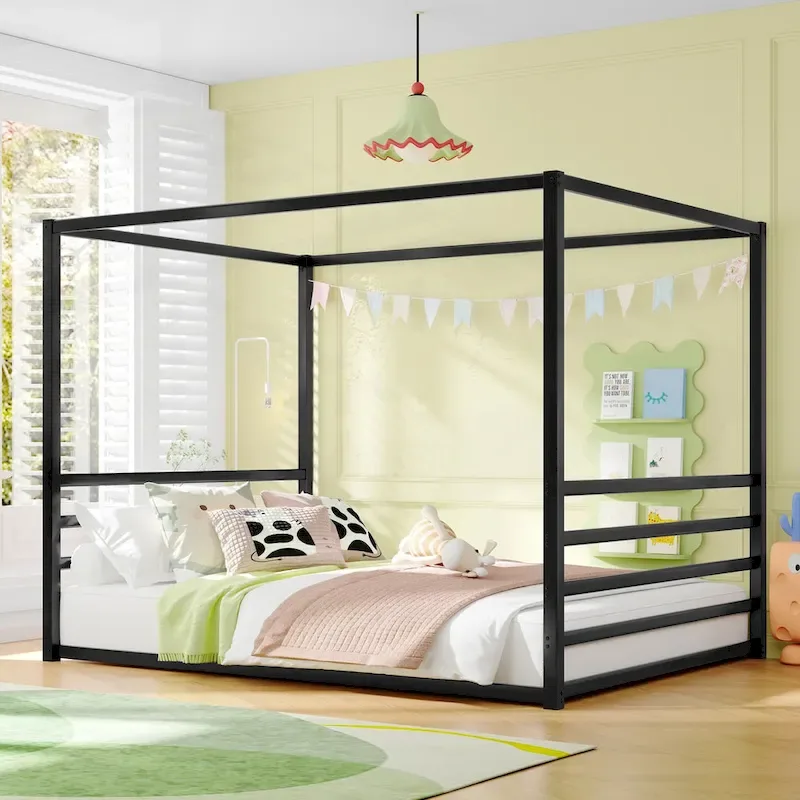 Iron House Bed Frame with Side Guardrails – Full / Queen / Twin