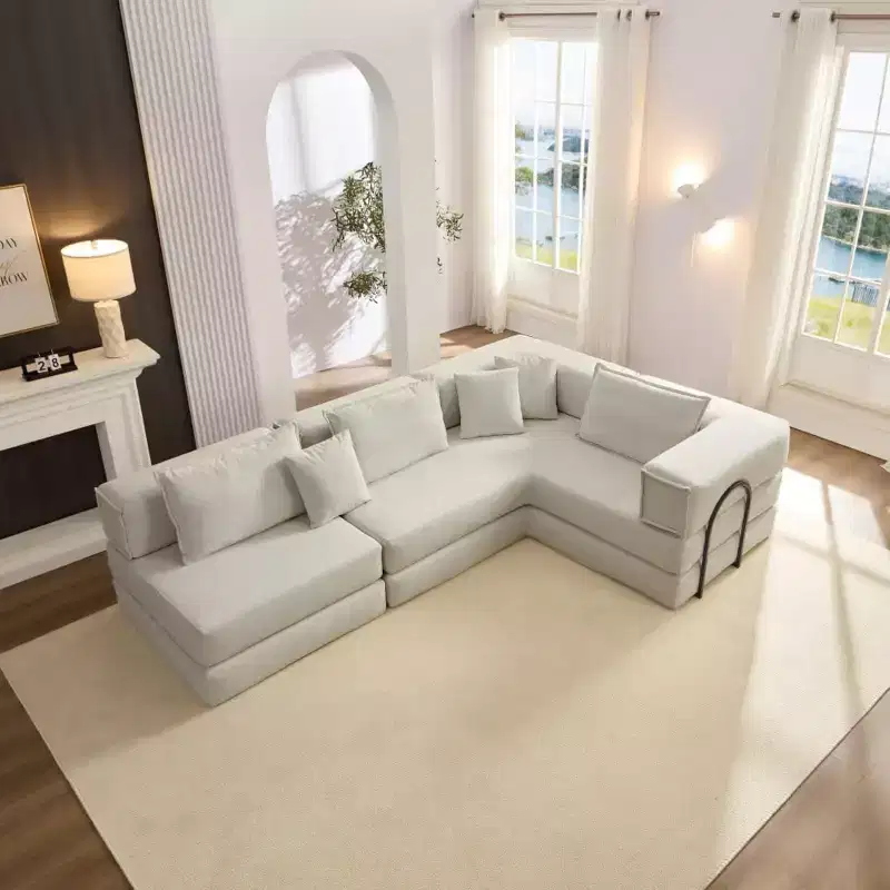 MooxvMoo 118.2 Modular L-Shaped Sectional Sofa Set, 118.2 Inch Oversized Couch with 6 Pillows, Upholstered Floor Sofa, Light Gray