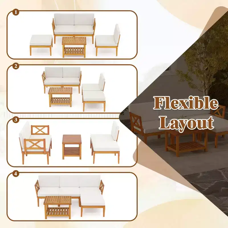 Costway 5 PCS Acacia Wood Patio Furniture Set with 2-Tier Coffee Table and Cushions