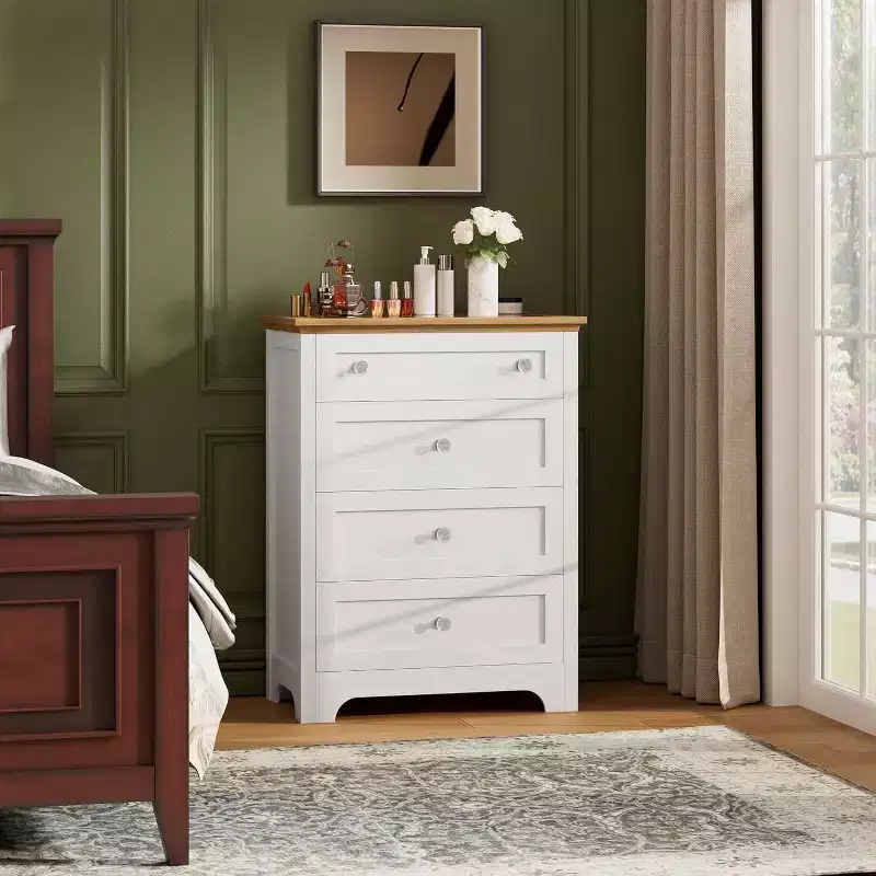 4 Drawer Nightstand Cabinet with Glass Top, Modern Dresser for Bedroom, Living Room, Entryway