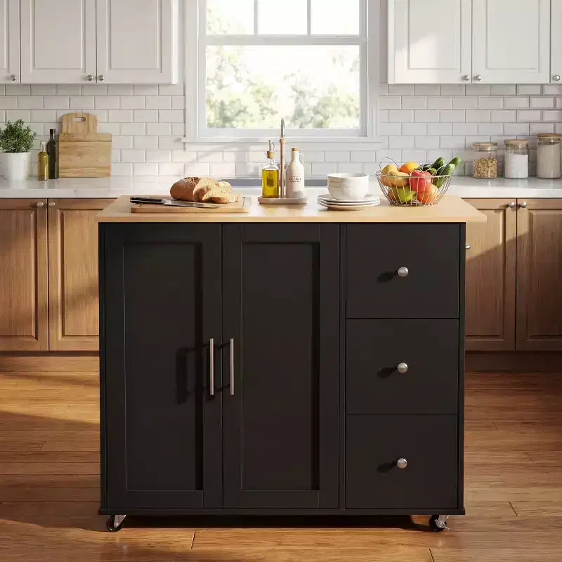 Christopher Knight Home Rulla Rolling Kitchen Cart with Storage and 3 Drawers, Black