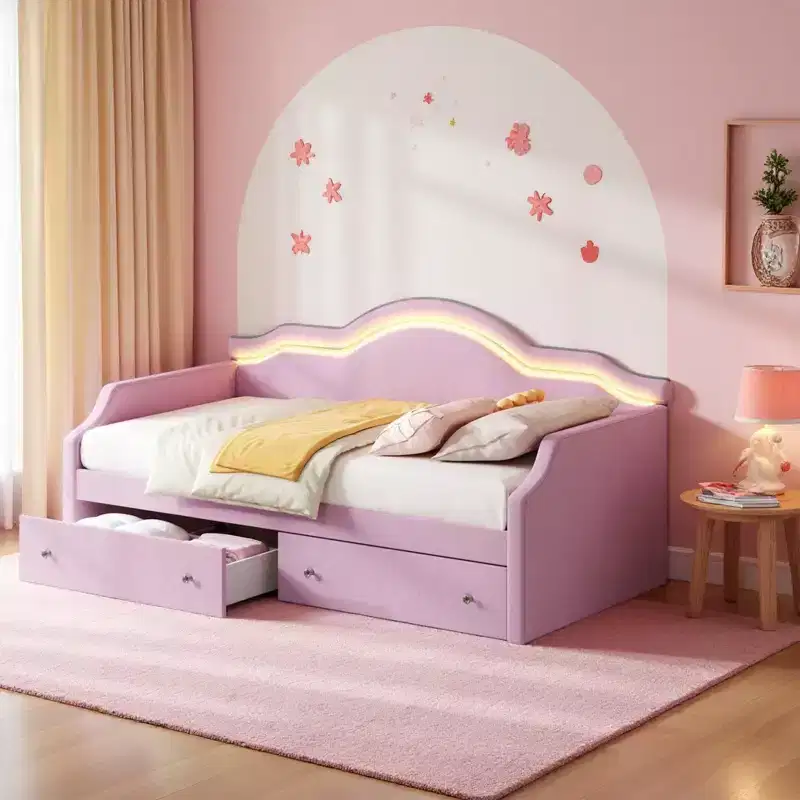 Velvet Twin/Full Daybed with App-Controlled LED Light Strip & 2 Drawers