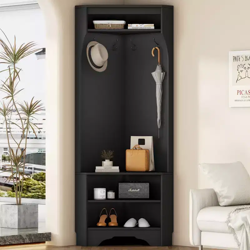 Corner Coat Rack with 4 Hooks and Adjustable Shelf