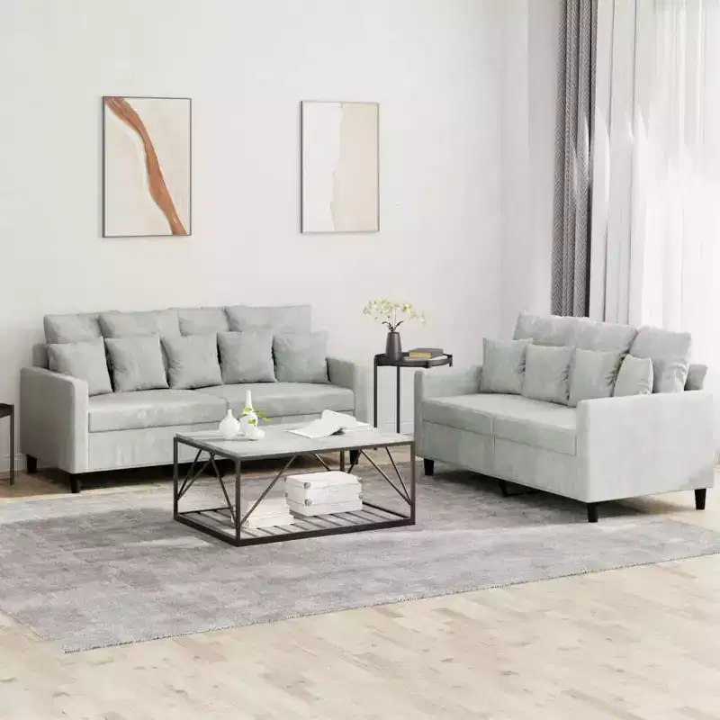 Sofa Set Light Grey Velvet (100% polyester), metal, plywood Medium