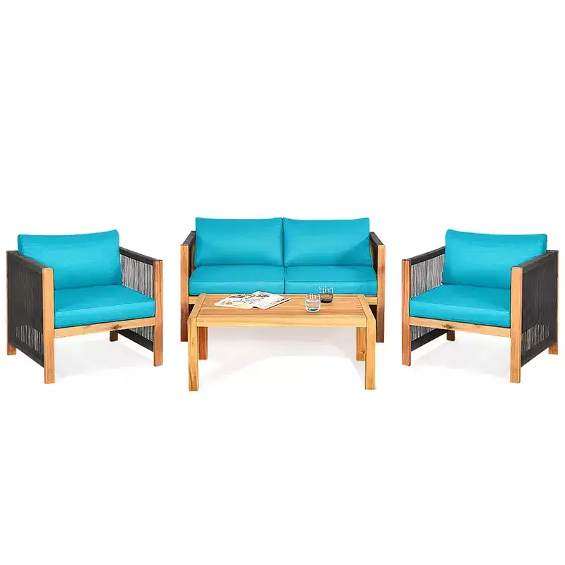 Costway 4PCS Wooden Patio Furniture Set Cushioned Sofa W/Rope Armrest White\Turquoise\Red