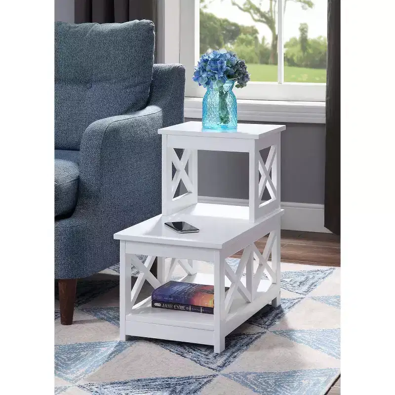 HomeStock Belmont 2 Step Chairside End Table with Chic L Shape Design and X Frame Sides, Multi Tier Storage Shelves for Living Room or Den Use