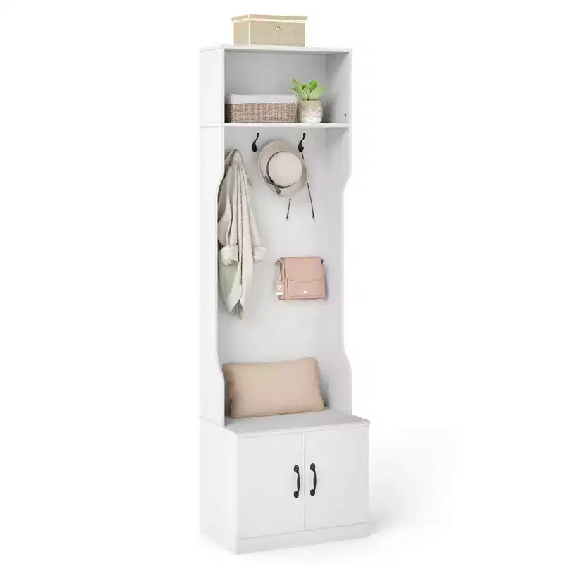 3-in-1/6-in-1 Hall Tree wirh Bench Storage Adjustable Shelves Hanging Hooks Shoe Cubbies White