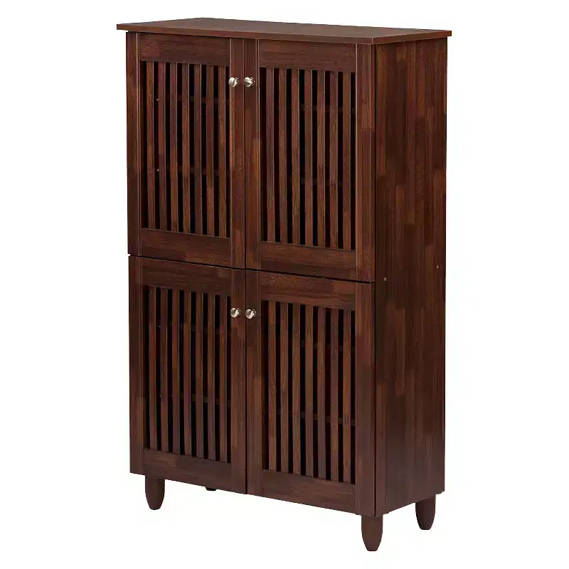 4-Door Tall Shoe Storage Cabinet, Oak Brown, Holds 18 Pairs, Magnetic Close, 48H