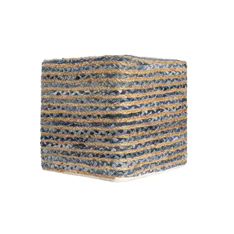 HomeRoots 18 Beige and Blue Cotton And Jute Striped Pouf Ottoman