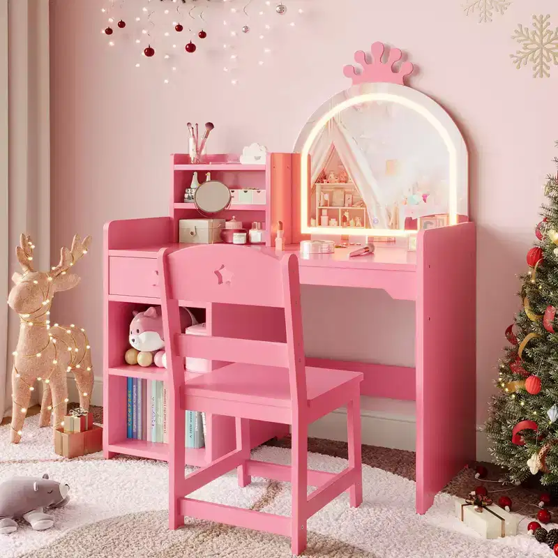 Kids Vanity with Crown Mirror 2-in-1 Vanity Table & Chair Set with Storage Cabinet, Bookshelf & Drawer for Little Girls