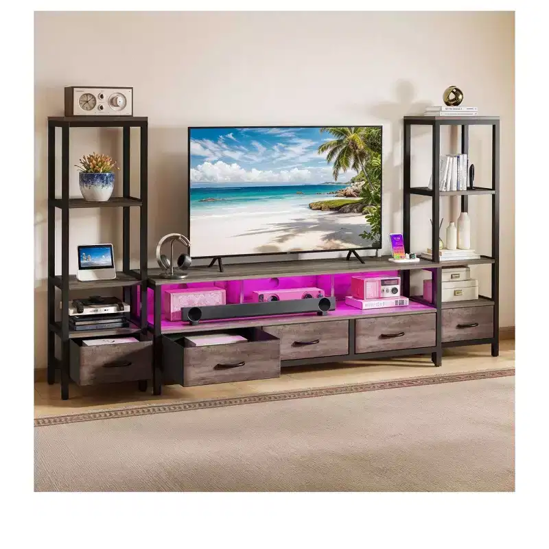 TV Stand with 4-Tier Bookshelves, LED Lights & Power Outlets – Fits Up to 65