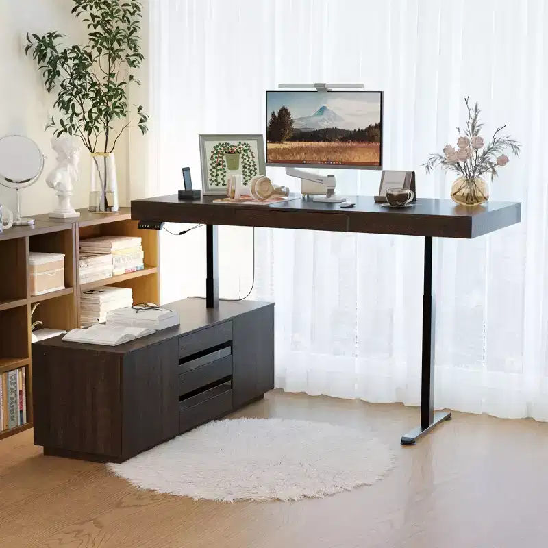 Dark Wood-Grain L-Shaped Electric Standing Desk with Storage Cabinet – 1 Person