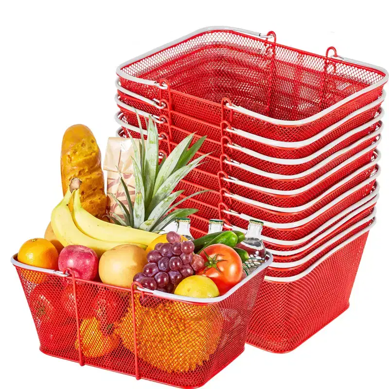 VEVOR Shopping Baskets, 12 PCS, 22L Stackable Metal Grocery Baskets with Handles, Dense Mesh Structure, Holds up to 44 lbs, Portable for Grocery, Red