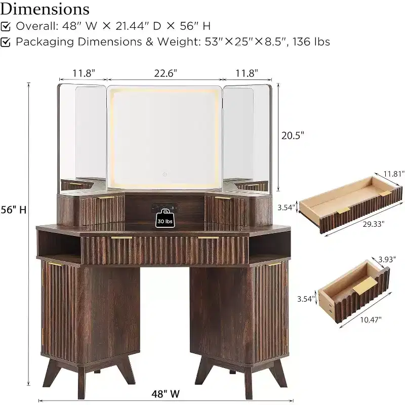 Corner Makeup Vanity Desk with LED Mirror & Charging Station, 48 Fluted Vanity Table with Glass Top & Storage Cabinets