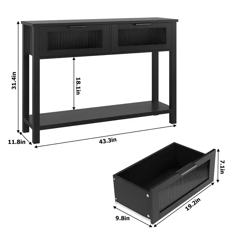 Wood Console Table  2-Tier Entryway Sofa Table with 2 Glass Drawers for Living Room/Foyer