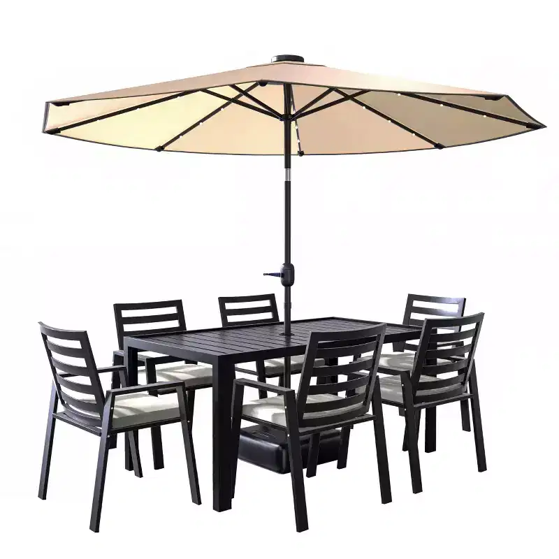 LesiureMod Chelsea 7 PCS Patio Dining Set - Outdoor Aluminum Dining Table with Umbrella Hole and Arm Chairs with Cushion
