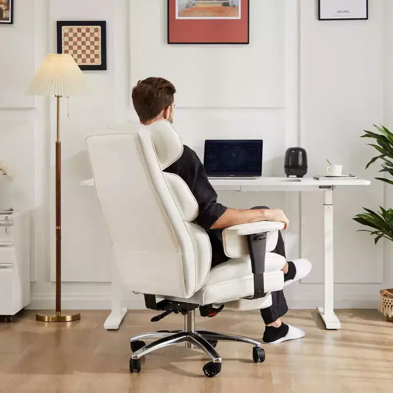 MAYEERTY Executive Chair Ergonomic High Back Footrest Lumbar Support PU Leather White