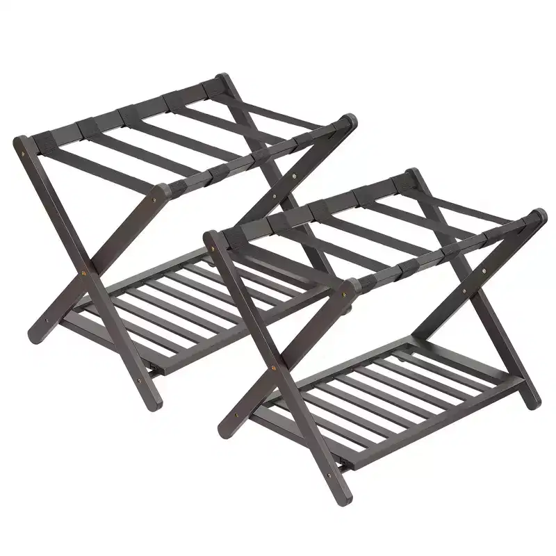 2-Pack Folding Bamboo Luggage Rack with 2-Tier Shelf  Heavy-Duty Suitcase Stand for Guest Rooms & Hotels