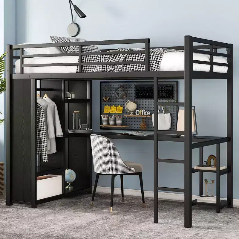 Twin XL Size Loft Bed Frame with Built-in Wardrobe Metal Loft Bed with Desk and Storage Shelves Black