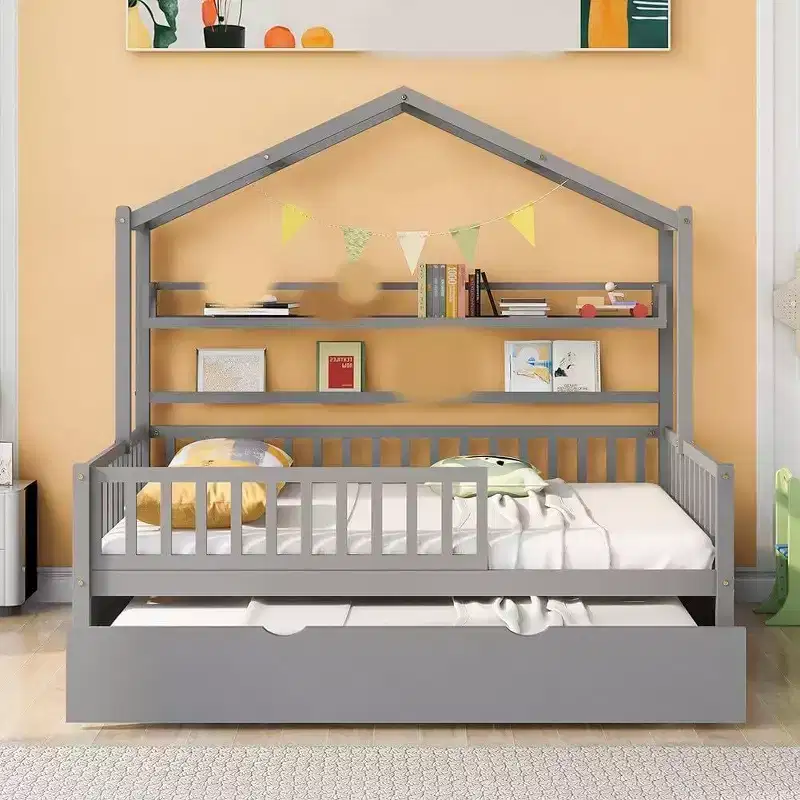 Acekool Full Size House Bed Frame for Kids with Storage Drawers, Safety Rails, Roof Design, Playhouse Bed, White