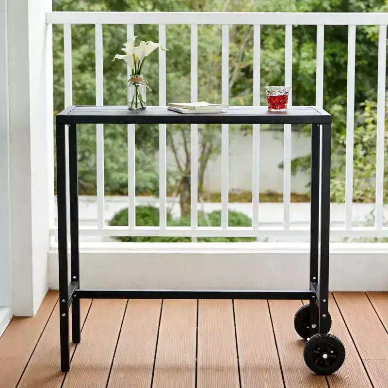 Mobile Outdoor Bar Table with Wheels Waterproof Metal Top, Adjustable Leveling Feet, Sturdy Counter Height for Patio,Yard, Poolside Black, 39Inch