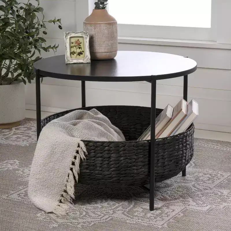 happimess Carly Modern Coastal Round Acacia Wood/Water Hyacinth Coffee Table with Storage Basket