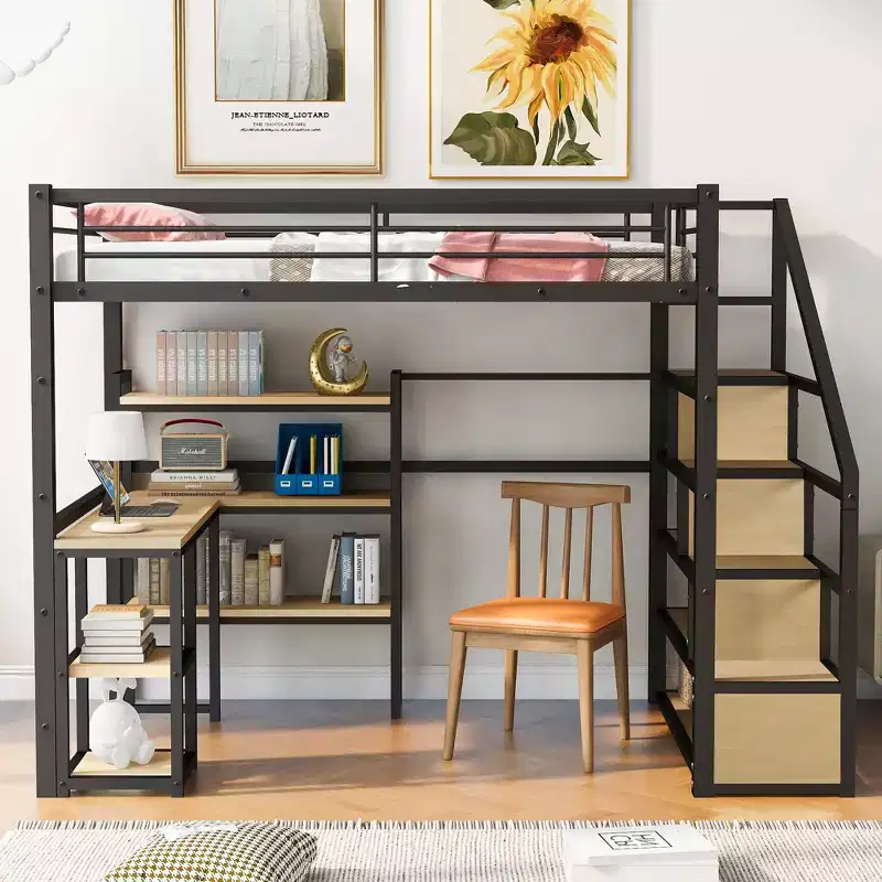Whisen Full Size Metal Loft bed with Storage Staircase and Built-in Desk and Shelves, Modern Style - Black