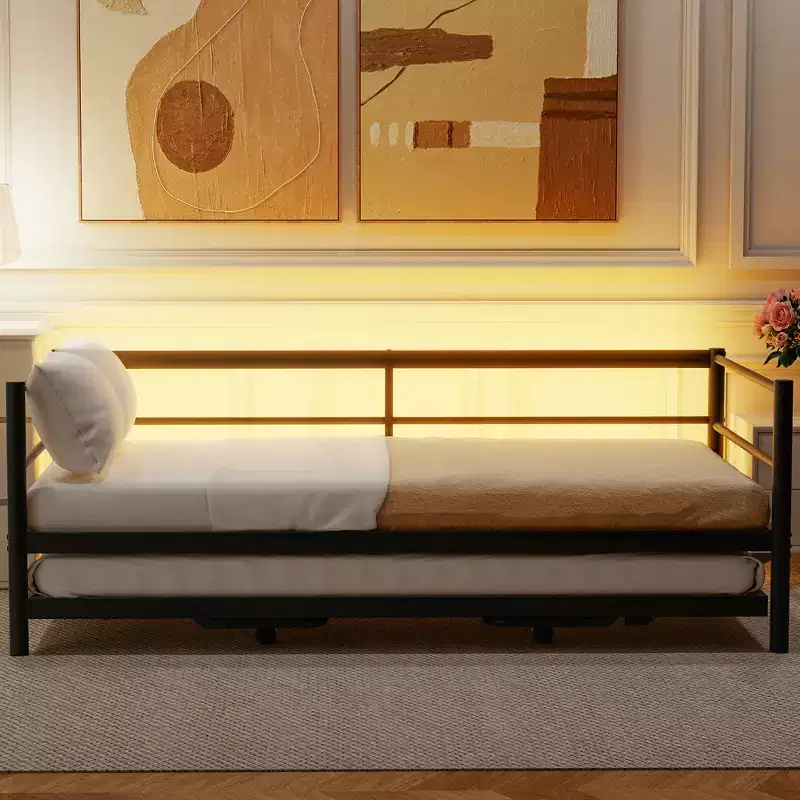 GDFStudio Adam Metal Twin Size Daybed with LED and Pop Up Trundle Bed