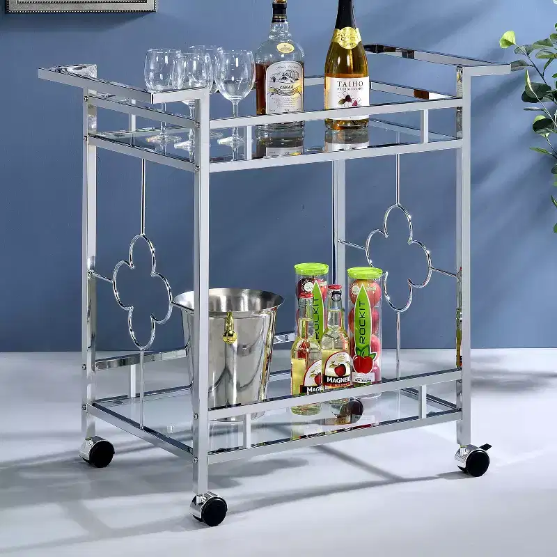 Buncrana Glass Top Serving Cart Chrome: Contemporary Quatrefoil, Tempered Shelves