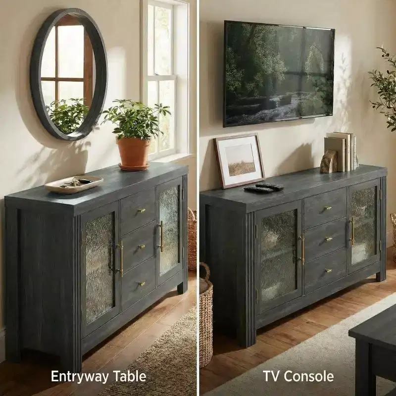 Buffet Sideboard, Coffee Bar Table with 2 Glass Doors, 3 Drawers, Accent Storage Cabinet for Living Room, Kitchen, Dining Room, Entryway