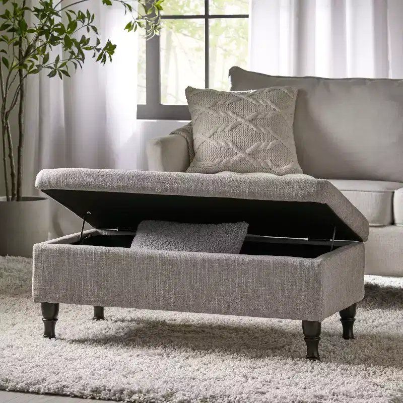 Storage Ottoman Bench, Tufted Button Upholstered, Spindle Wood Legs, Footrest & Bed Bench