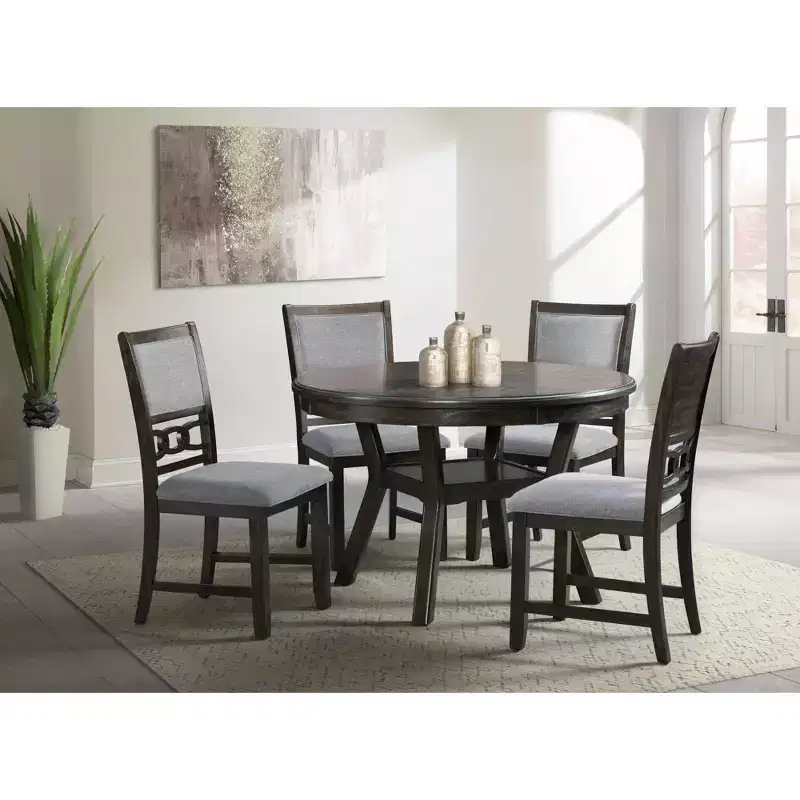 Taylor Standard Height Dining Table 5-Piece, Round Table, Gray Upholstery, 4 Side Chairs Walnut