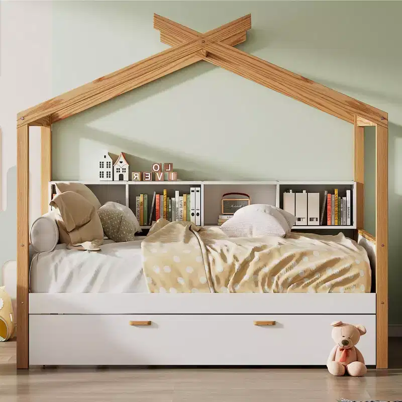 Twin/Full Size House Bed with Trundle or Drawers, Bookshelf, Natural+White