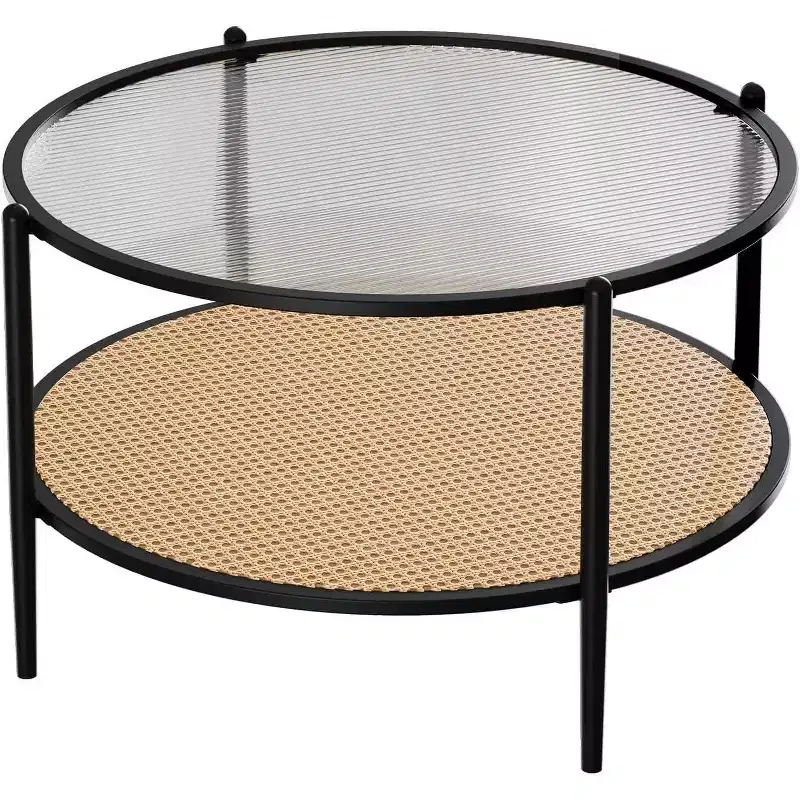 Acekool Boho Round Coffee Table, 30 Water-Wave Glass Top, 2-Tier Faux Rattan Storage, Metal Frame