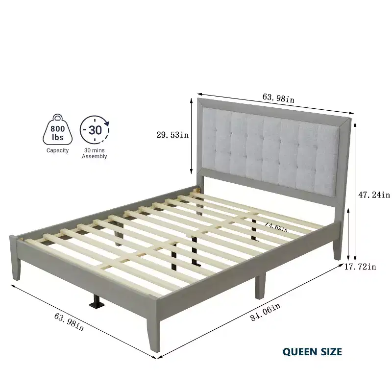 Queen Upholstered Platform Bed with Headboard,solid wood Upholstered Platform Bed frame for bedroom,Gray