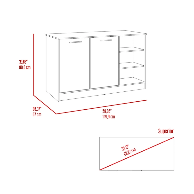 Ginger 59-inch Wide Kitchen Island with 3 Open Shelves and 2 Cabinets