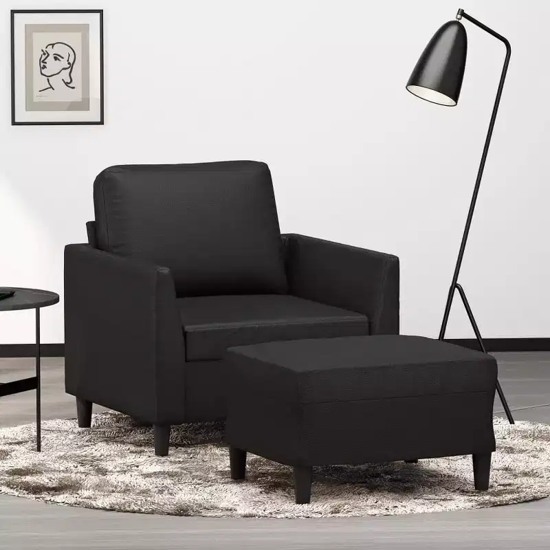 vidaXL Sofa Chair Accent Single Sofa Armchair with Footstool Faux Leather - Black